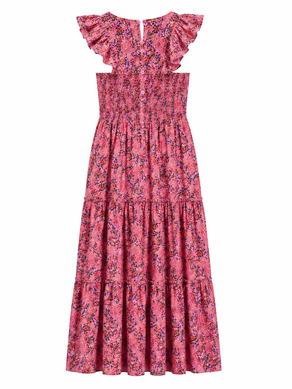 Melloday L Pink Floral Smocked Ruffle Tiered Maxi Dress Cottagecore Romantic - Picture 4 of 5